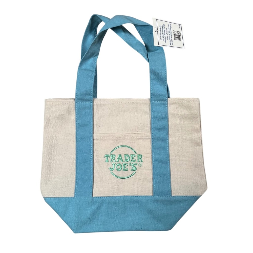 New Trader Joes Mini Canvas Tote Bag Unisex Small Blue Cream Pastel Embroidered